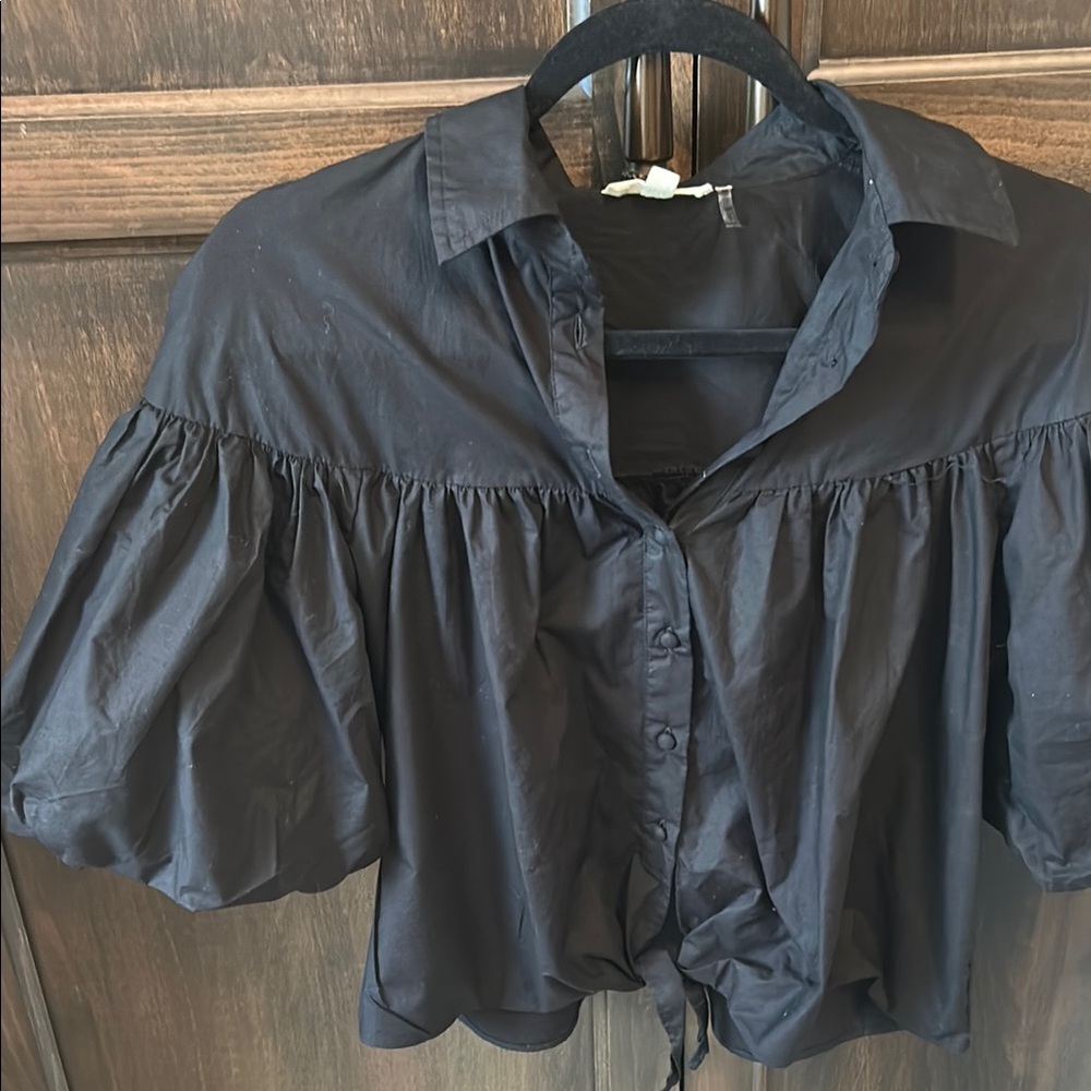 Elan Blue Boxy Crop Blouse with Notched Collar